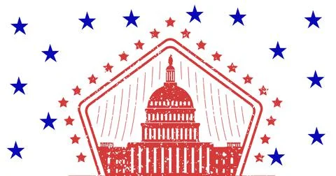 Digitally generated image of white house icon against multiple blue stars on Illustrazione stock
