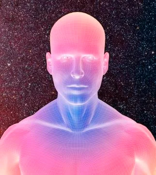 Digitally generated male figure against starry background Stock Illustration