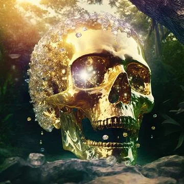 Digitally Generated Skull Head Looking Evil Covered In Gold Tech Detail Illustrazione stock