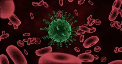 Digitally generated virus cells and red blood cells against black background Stockfoto's