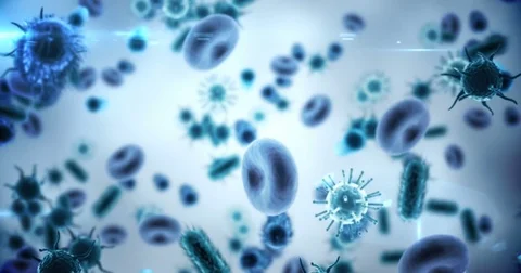 Digitally generated virus cells, red blood cells and bacteria against blue Stock Footage 72860200