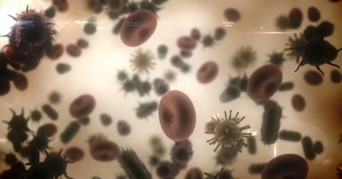 Digitally generated virus cells, red blood cells and bacteria against brown Stock Footage 72860230
