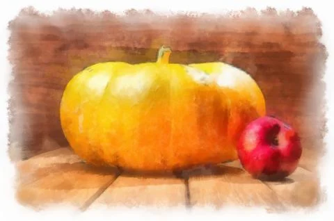 Digitally modified image. Pumpkin and apple. Watercolor painting. Stock Illustration