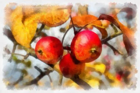 Digitally modified photo. Tree red apples on branch. Watercolor painting. Stock Illustration