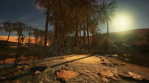 A digitally-rendered desert landscape with palm trees Stock Footage 251892829