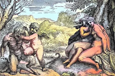 Digitally restored Angel comforts the devil and two woman sit close together Stock Illustration