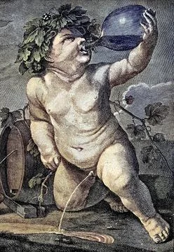 Digitally restored Drinking bacchus boy naked copper engraving after a painting Stock Illustration