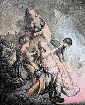 Digitally restored The drunken Loth a drunken man with two ladies copper Stock Illustration