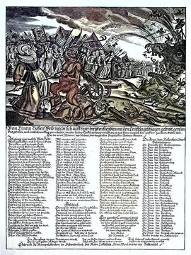 Digitally restored Satirical leaflet on the evil woman 17th century woman are Illustration