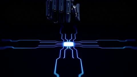 Digitization: Futuristic Robot Hand, Touching Screen Finger Activates AI Vídeo Stock 153012021