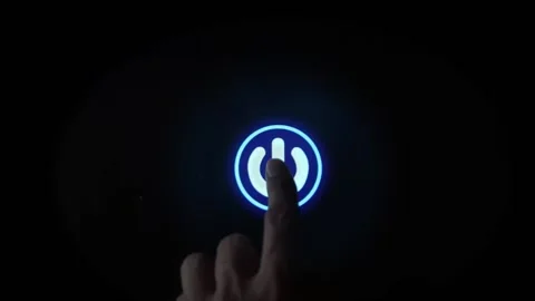 Digitization Idea, Human hand pressing start button to power on Stock Footage 148929348