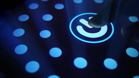 Digitization Idea, Human hand pressing start button to power on Stock Footage 148929352