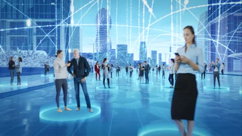Digitized Virtualization of City with People Connecting Video stock 295829189