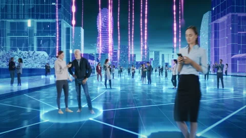 Digitized Virtualization of City with People Connecting Video stock 295829235