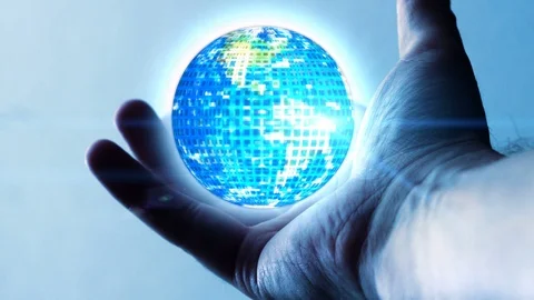 Digitized world that orbits on the palm of a man's hand Video stock 97225158