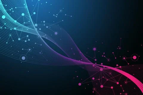 Digits abstract background with connected line and dots, wave flow illustration Illustrazione stock