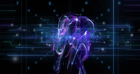 Digits and neon lines converging to node initiating purple-blue form rising Stock Footage 311679562