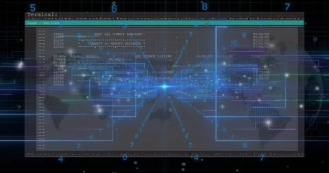 Digits converging on glowing nexus, console fading and SQL commands streaming Stock Footage 317369512