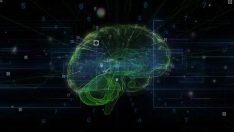 Digits converging holo brain rotating links pulsing to map neural data showing Stock Footage 335255258