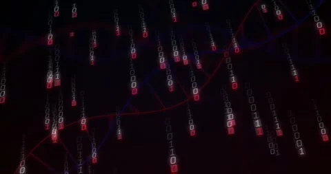 Digits materializing and descending as binary rain over red blue helix Stock Footage 318194432