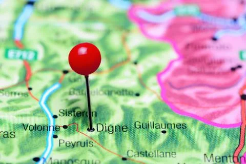 Digne pinned on a map of France Stock Photos