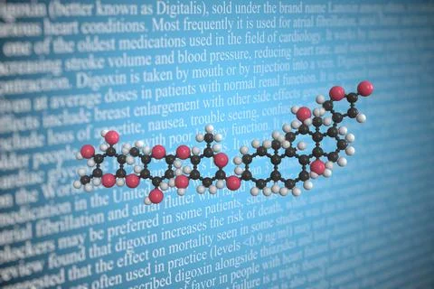 Digoxin scientific molecular model, 3D rendering Stock Illustration