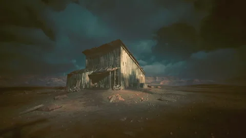 Dilapidated barn confronts encroaching storm with fierce tension and debris Stock Footage 343617735