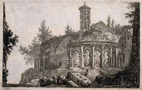 A dilapidated building with an apse, a gable and a bell-tower. Etching, 1819. Stock Illustration