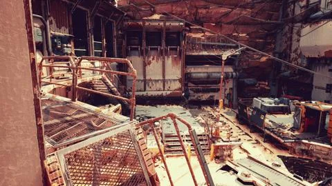A dilapidated building covered in rust and debris Ilustración de archivo