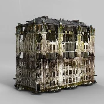 Dilapidated building with numerous charred window frames, 3D rendered Stock Illustration