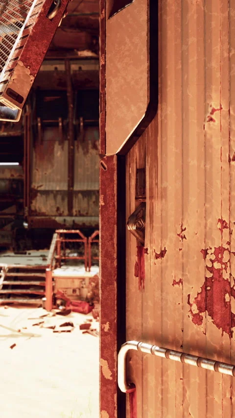 A dilapidated building with a rusty metal object hanging from its side Stock Footage 274346784
