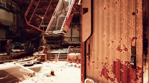 A dilapidated building with a rusty metal object hanging from its side Stock Illustration