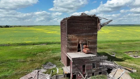 Dilapidated grain elevator sits in a field of yellow flowers Stock Footage 313810550