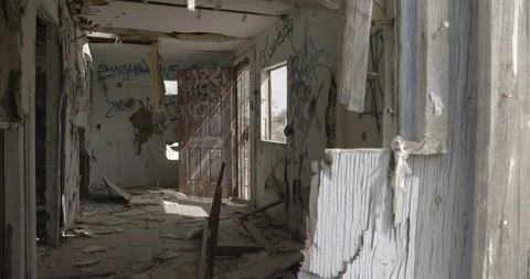 Dilapidated House Interior Front Room and Graffiti Stock Footage 89941945