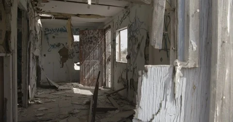 Dilapidated House Interior Front Room and Graffiti - Pan Left Stock Footage 89941949