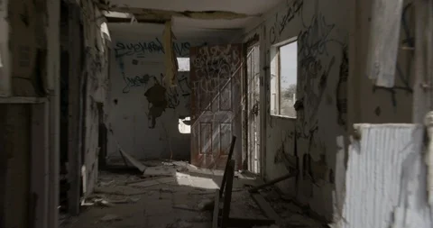 Dilapidated House Interior Front Room and Graffiti - Multiple Compositions Stock Footage 89941955