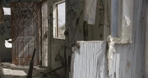 Dilapidated House Interior Front Room and Graffiti and Exterior Wall Stock Footage 89941963
