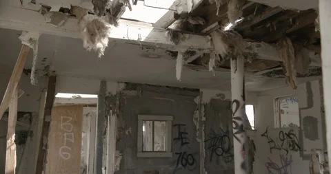 Dilapidated House Interior Rooms and Graffiti - Tilt Down Stock Footage 89941981