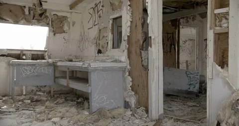 Dilapidated House Kitchen Interior Static Shot Stock Footage 89941913