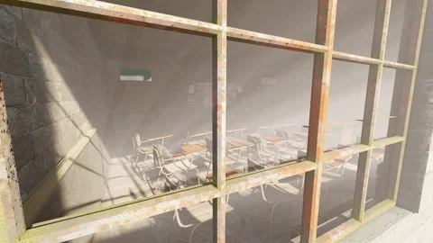 Dilapidated old classroom and sunlight through rusty windows Stock Footage 236193894