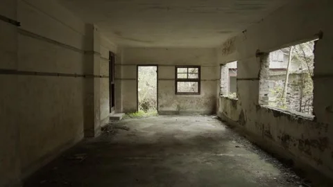 Dilapidated Room Interior with Broken Windows and Overgrown Vegetation Outside Vídeos de archivo 335462279