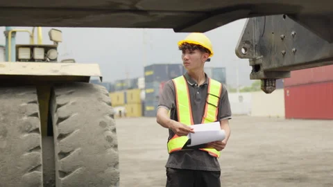 Diligent logistics worker inspects a shipping manifest for quality control at Stock Footage 338295130