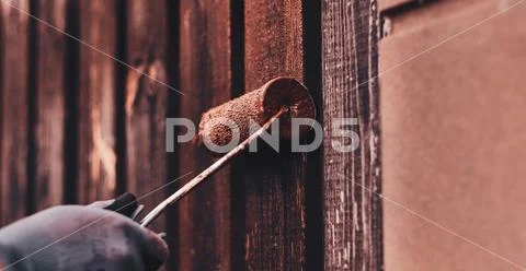 Diligent man is painting fence with brush Stock Photos