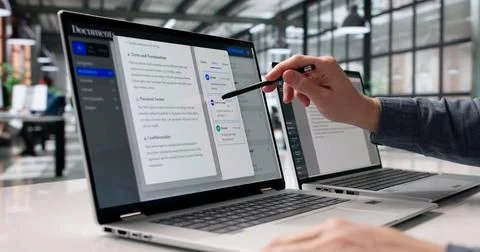 Diligent Professional Systematically Arranges Digital Documents On Laptop For Stock Photos