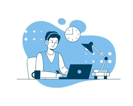 A diligent student in headphones doing homework at home Illustrazione stock