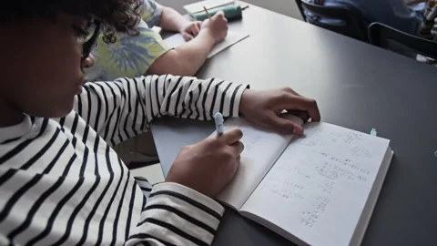 Diligent Teenager Writing Math Equations in Notebook at School Stock Footage 339658716