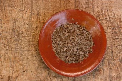 Dill seeds on ceramic rustic plate Stock Photos