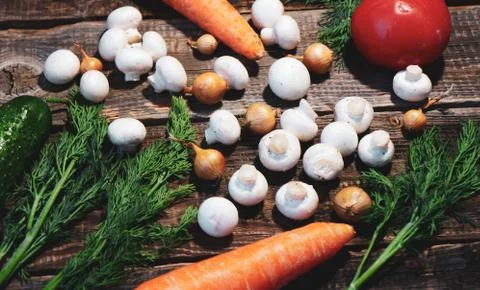Dill, vegetables and small champignons Stock Photos