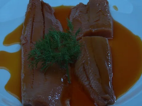 Dills fall on the herring fillet Stock Footage 80277015