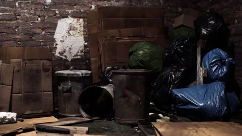 Dim basement corner cluttered with trash bags and boxes 動画素材 310413435